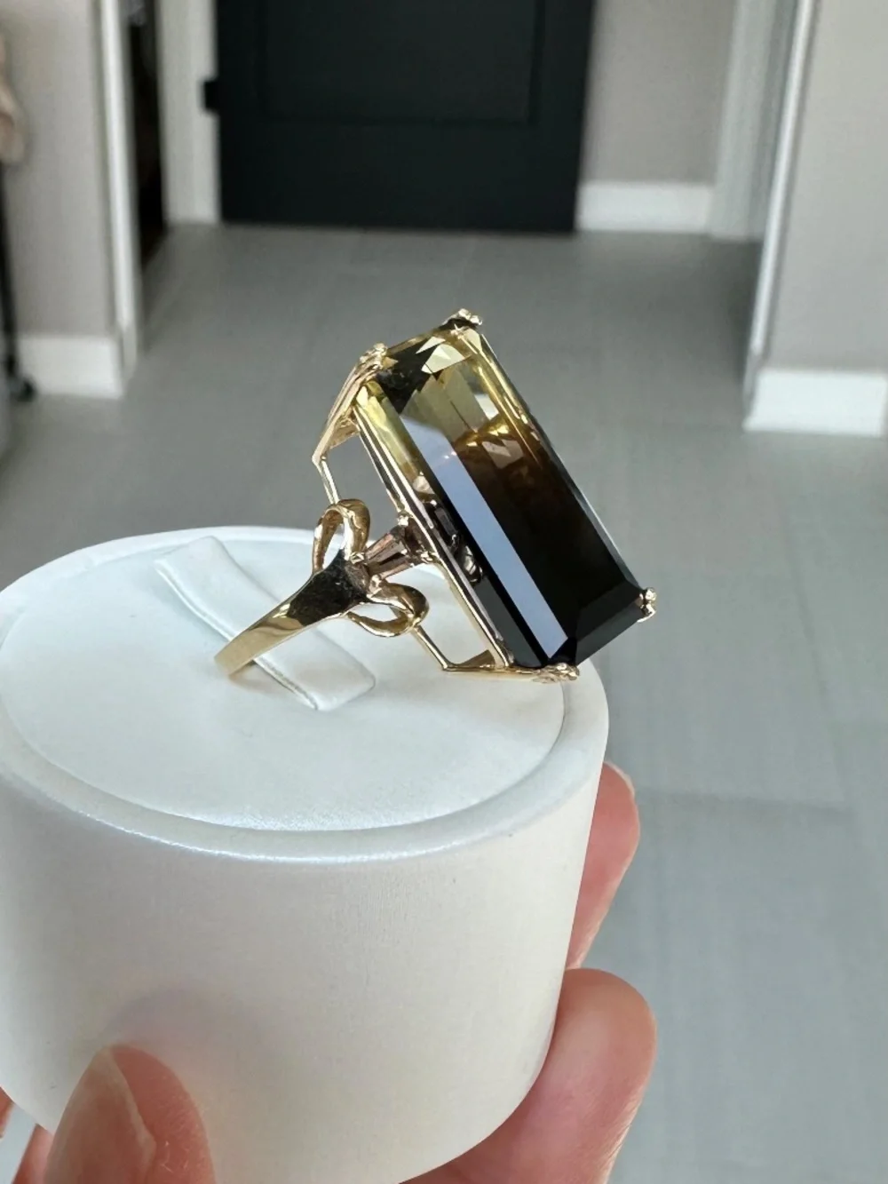 👑 MASSIVE 14k Gold 24mm Bicolor Citrine Smoky Quartz Statement Ring 🤎 Size 8.5